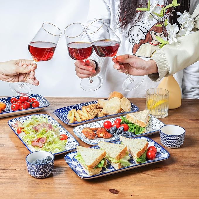 Selamica Ceramic Serving Platters, 12 Inch Serving Trays for Party Entertaining, Large Rectangular Serving Plates for Food, Set of 6, Vintage Blue