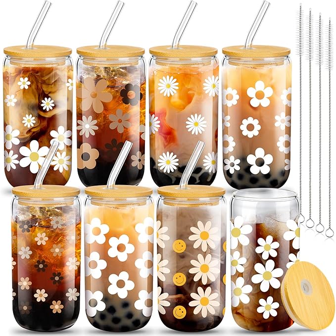 meekoo 8 Pcs Glass Cups with Bamboo Lids and Straws 16 oz Beer Can Shaped Iced Coffee Drinking Cup Employee Appreciation Gift for Wine Tea Water - 4 Cleaning Brushes(Daisy)