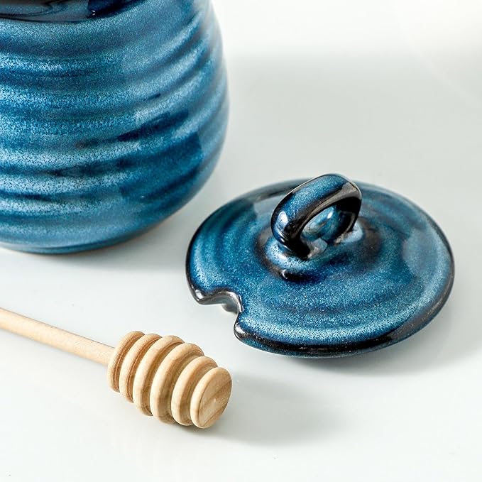 glowworm 12 Ounce Honey Pot, Honey Jars with Dipper, Ceramic Honey Dispenser for Home, Kitchen, Dishwasher Safe, Blue