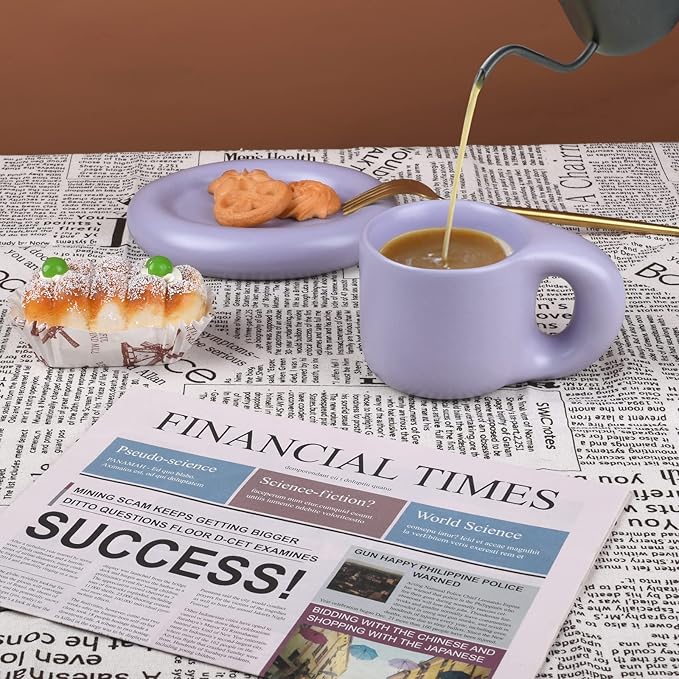 Koythin Ceramic Coffee Chubby Mug Saucer Set, Creative Cute Fat Handle Cup with Saucer for Office and Home, Dishwasher and Microwave Safe, 10 oz for Latte Tea Milk (Light Purple)