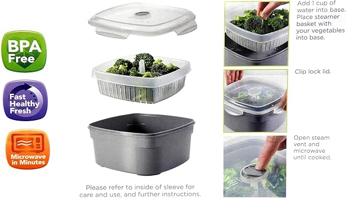 Microwave Vegetable Steamer Cooker for Healthy Cooking and Quick Meals, Cook Vegetables, Fish & Poultry, BPA-Free with Removable Strainer and Locking Vent Lid, 2.47L by Dependable Industries (Gray)