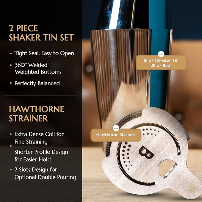 5 Piece Cocktail Kit by Bull In China - Premium Bartender Gift Set Includes Weighted 2 Piece Boston Shaker, Hammered Bell Jigger, Hawthorne Strainer & Fine Mesh Strainer (Copper)