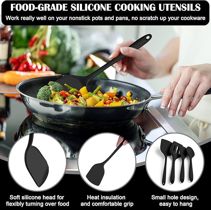 HaWare Kitchen Utensils, 14 PCS Silicone Cooking Utensils Set, Heat Resistant Kitchen Utensils for Non-stick Cookware, Kitchen Gadgets Tools with Spoons, Spatulas, Whisk, Dishwasher Safe (Black)