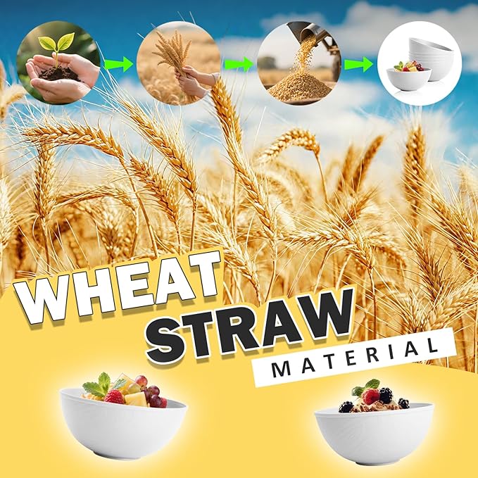 Wheat Straw Cereal Bowls 40 OZ, Unbreakable Bowls Set of 6, Microwave & Dishwasher Safe Bowl for Kitchen, Reusable Plastic Bowl for Cereal, Soup, Salad and Ramen, White