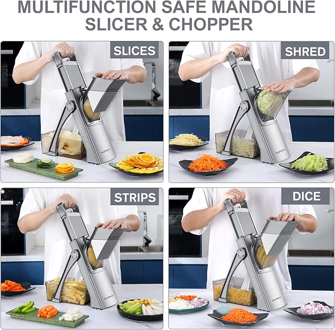 SupMaKin Upgrade Safe Mandoline Slicer for Kitchen,Adjustable Potato Slicer Vegetable Onion Chopper, French Fry Cutter, Include Vegetable Peeler(Gray)