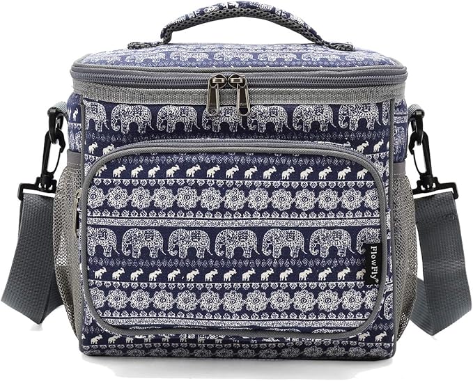 FlowFly Insulated Reusable Lunch Bag Adult Large Lunch Box for Women and Men with Adjustable Shoulder Strap,Front Zipper Pocket and Dual Large Mesh Side Pockets,Elephant