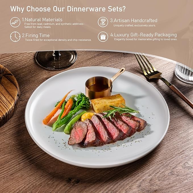 LERATIO Stoneware Dinnerware Sets for 4,Handcarft Ceramic Plates and Bowls Sets,Chip and Scratch Resistant Dishes, Dishwasher & Microwave Safe, Oven safe,Reactive Glaze-White