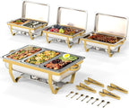 4 Pack Stainless Steel Chafing Dishes for Buffet, 9 QT Capacity 7 Pans Food Warmers for Parties, Weddings, Events Hosting, Family Gatherings, Full Set Catering Server with Serving Utensils Accessories