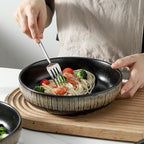 KOOV Ceramic Bowl, 46 OZ Pasta Bowls Set of 4, Large Salad Bowl Set, Large Bowl For Eating, Dinner Bowls, Stackable Serving Bowls, Stripe Series (Rough Black)