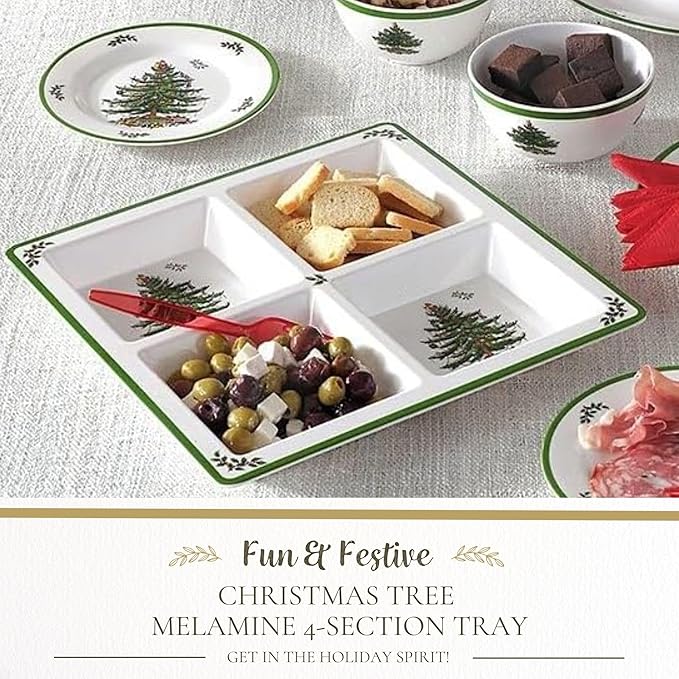 Spode Christmas Tree Melamine 4-Section Tray, 13.5-Inch Divided Holiday Serveware for Nuts, Candy, Condiments - Festive Tableware - Durable Holiday Entertaining Accessory for Indoor & Outdoor Use