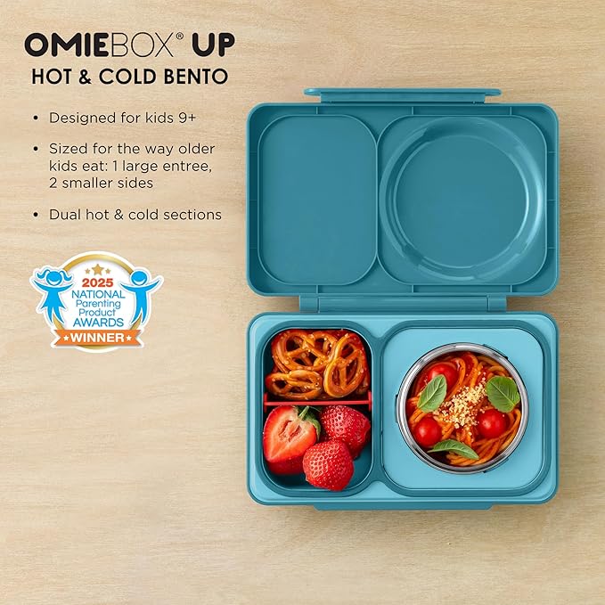 Omie OmieBox UP bento Box for Kids | Insulated Lunch Box | Leak Proof Vacuum Insulated Thermal Food jar | Cooler ice Pack | 2 Compartments (Teal Green)