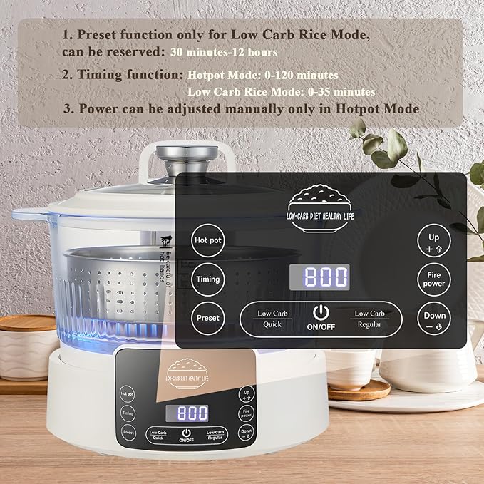 Low Carb Rice Cooker with Reservable-Timable,Low Sugar Multi Functional 3L &2 Cups for Starch Removing Glass Cooker,110v Maximum Power 800w Multi Functional Maker,Liftable Filter Basket (Beige)