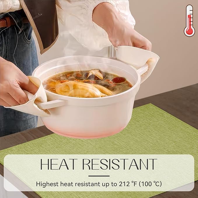 Romanstile Cloth Placemats Set of 6-12 x 18 Inch, Heat Resistant Double Layered Thickened Burlap Place Mats, Washable Faux Linen Farmhouse Table Mats for Kitchen/Dining/Party/Outdoor, Green