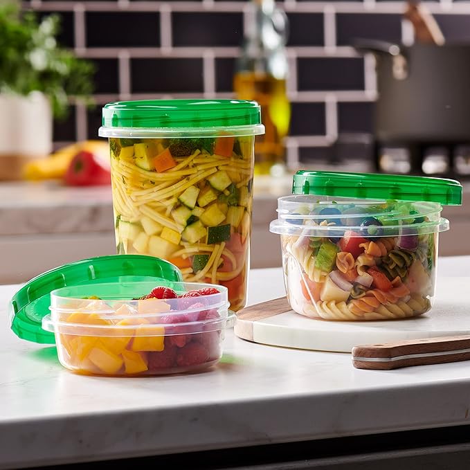 PLASTICPRO 12 Pack Twist Cap Food Storage Containers with Green Screw on Lid- 32 oz Reusable Meal Prep Containers - Freezer and Microwave Safe Green Plastic Food Storage