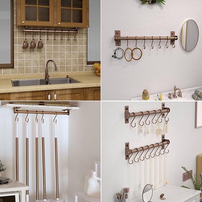 Dseap Kitchen Utensil Holder Hanger, Pot and Pan Rack Wall Mounted, Kitchen Rail with 8 Hooks for Hanging Cooking Utensils, Mugs, Spoons, Wall Mounted, Antique Copper