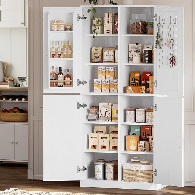 IRONCK 71" Kitchen Pantry Storage Cabinet with Storage Rack, Pegboard Doors, 4 Adjustable Shelves, Food Pantry Cabinet, Freestanding Tall Cupboard for Dining Room, Kitchen, White