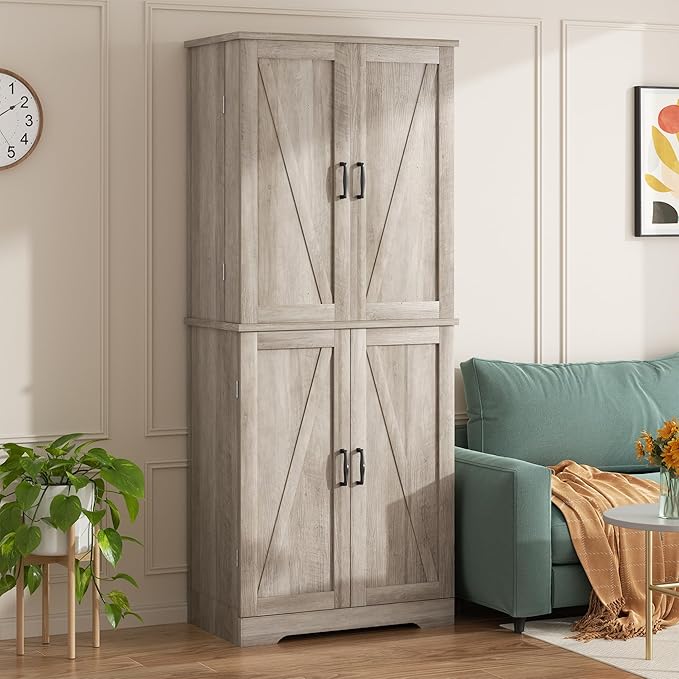 Shintenchi Kitchen Pantry Cabinet, Freestanding Farmhouse Storage Cabinet with 8 Door Shelves, 2 Cabinets and 1 Drawer, Tall Cupboard for Kitchen, Living Room, Dining Room and Bathroom, Ash Gray