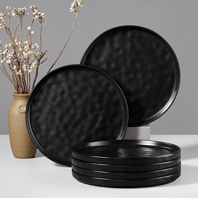 HaWare Stoneware Dinner Plates Set of 6, 10" Heavy Duty Ceramic Plate, Reactive Glaze Ripple Dinnerware for Home Restaurant, Chip and Scratch Resistant, Microwave and Dishwasher Safe, Matte Black