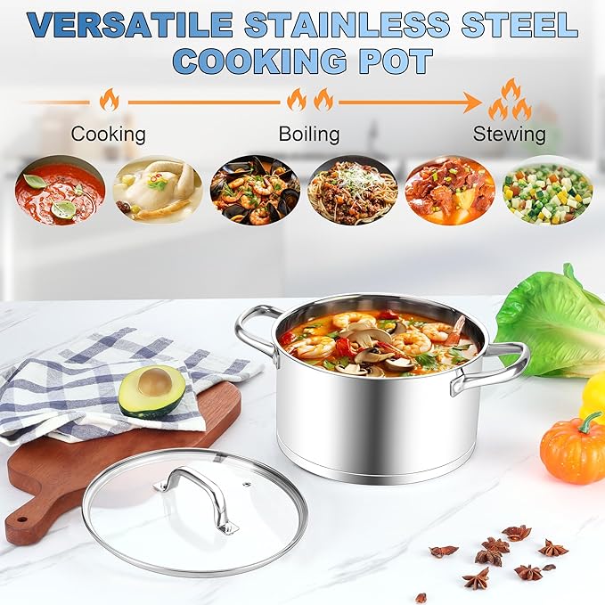 Stainless Steel Stock Pot 4 Quart, Homikit Induction Stockpot with lid for Soup Pasta Sauce Cooking Simmering, Tri-ply Heavy Bottom Compatible with All Stove, Dishwasher Safe