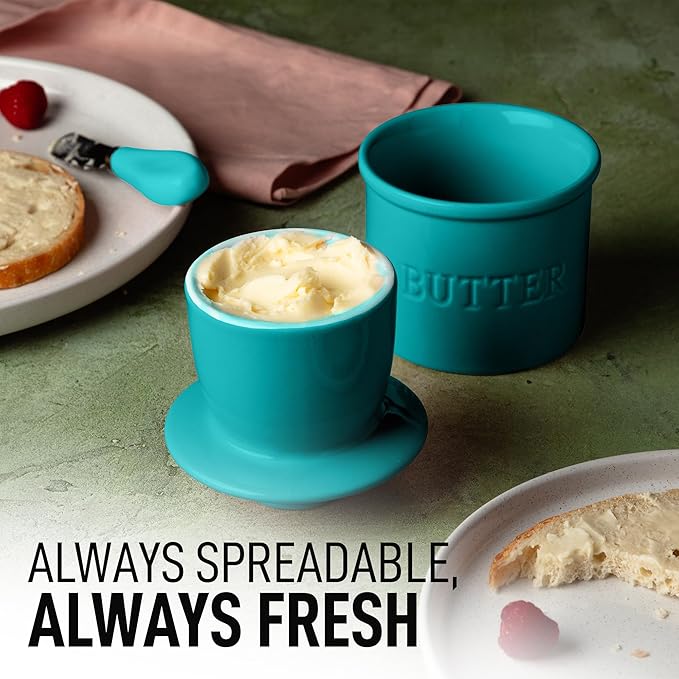 Zulay Kitchen Porcelain Butter Crock With Lid & Knife - Authentic French Butter Dish For Fresh & Spreadable Butter - Turqoise