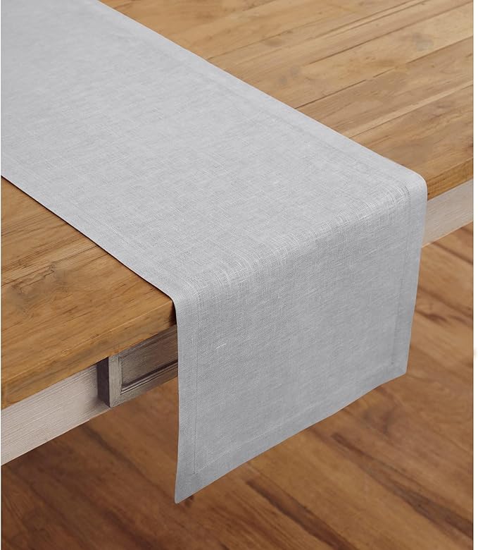 Solino Home Linen Soft Grey Table Runner 60 Inches - 100% Pure Linen Small Table Runner 14 x 60 Inch Ideal for Dresser and Coffee Tables - Summer, Fall, Autumn - Fete