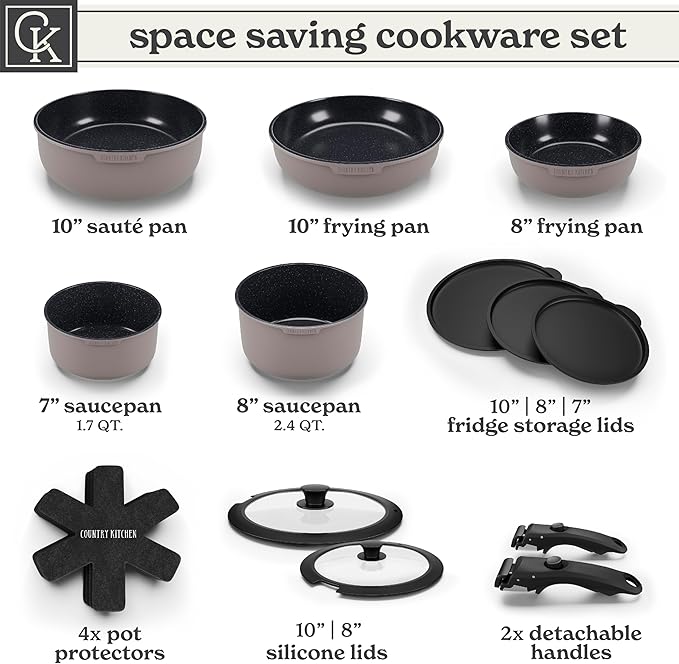 Country Kitchen Cookware Set with Removable Handle, Oven & RV Safe Pots and Pans Set, Grey/Black, Original