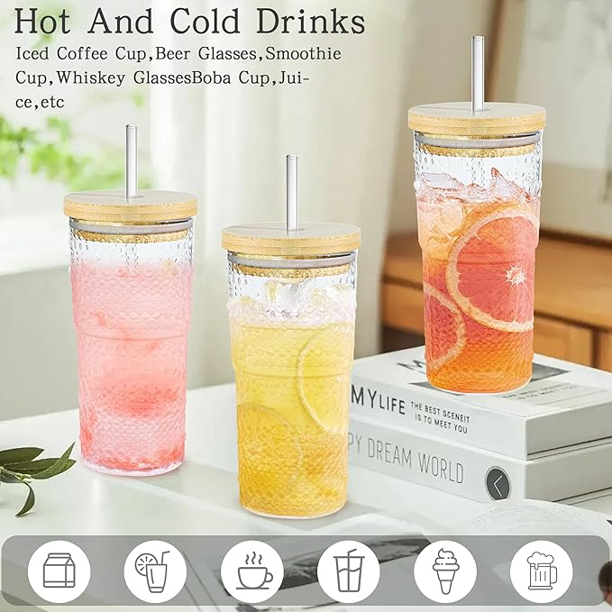 2 Pack 20oz Hobnail Drinking Glasses with Bamboo Lids and Glass Straw,High Borosilicate Glass Tumbler Cup Reusable Wide Mouth Smoothie Cups,Beer, Iced Coffee Glasses, Soda