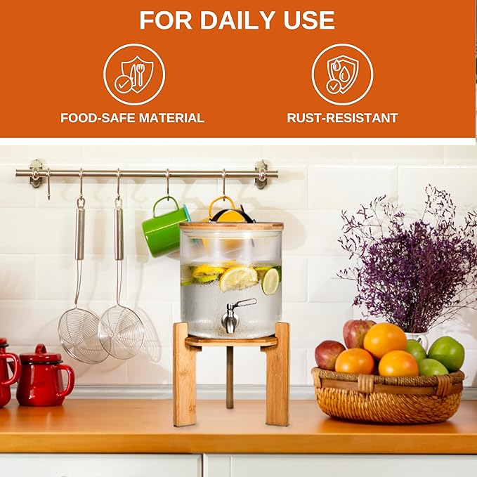 Glass Beverage Dispenser with Bamboo Stand 6.7 In and Lid, Iced 1.5 Gallon Drink Server with Spigot, Large Thick Glass Drink Dispenser for Parties, Hotels, Restaurants, Homes