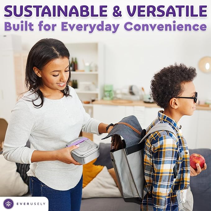 Everusely - Bento Box - Lavender, 37oz / 1.1 L - Stainless Steel Lunch Box with Leakproof Condiment Container - 3 Compartment Snack Organizer for On the Go Meals - Freezer & Dishwasher Safe