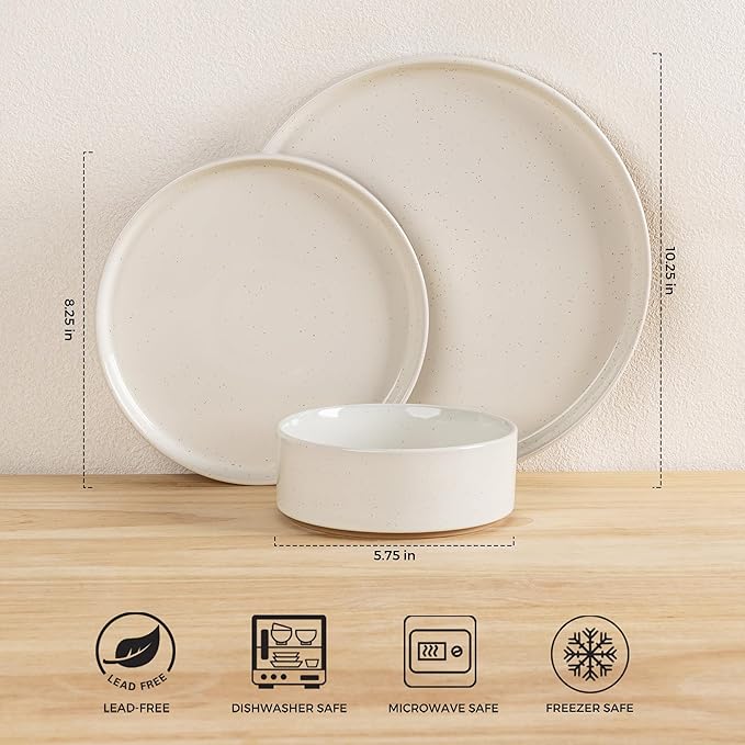 AmorArc Ceramic Dinnerware Set for 6 | Speckled Stoneware Plates and Bowls with Rustic Terracotta Underside| Scratch Resistant,Dishwasher & Microwave Safe Dishes Sets- 18pcs Beige