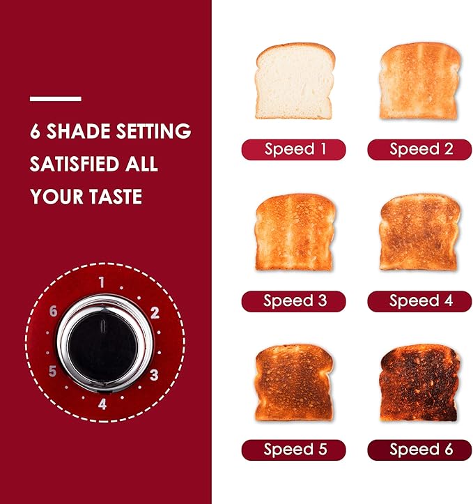 Roter Mond 4 Slice Toaster Retro Stainless Steel with Bagel Defrost Cancel Function, 6 Browning Settings, Extre Wide Slot and Removable Crumb Tray, Red, ST033