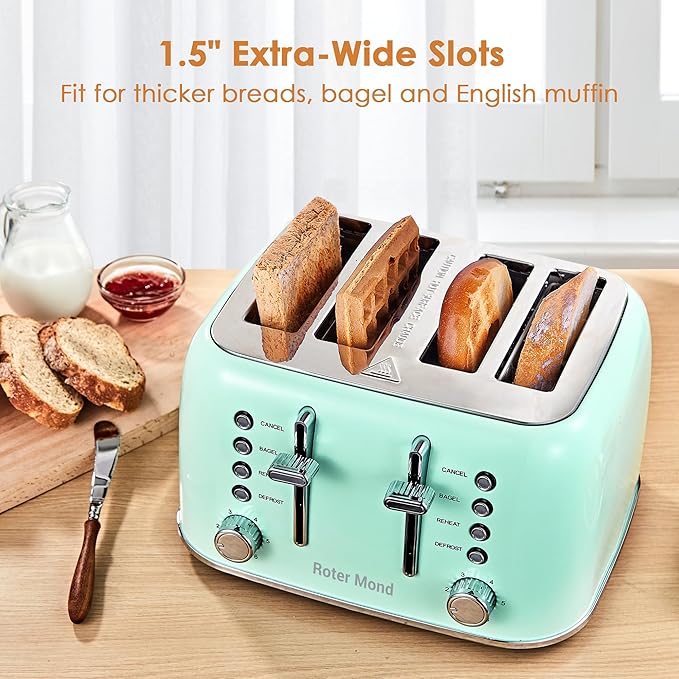 Roter Mond Toaster 4 Slice Retro Stainless Steel with Extra Wide Slots Bagel, Defrost, Reheat Function, Dual Independent Control Panel, Removable Crumb Tray, 6 Browning Levels, Aqua Green