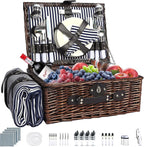 Picnic Basket Set for 4 with Waterproof Blanket Mat Insulation Bag Wicker Navy Blue Brown Stripe Vintage Retro Classic Gift for Wedding Birthday Summer Camp Outdoor Camping Travel Christmas
