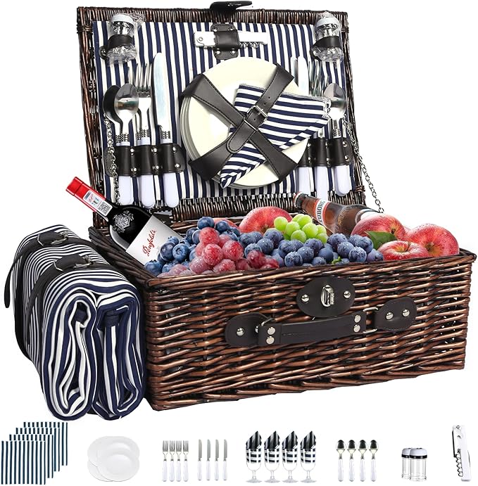 Picnic Basket Set for 4 with Waterproof Blanket Mat Insulation Bag Wicker Navy Blue Brown Stripe Vintage Retro Classic Gift for Wedding Birthday Summer Camp Outdoor Camping Travel Christmas