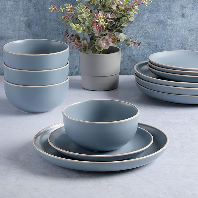 Gibson Home Rockaway 12-Piece Round Stoneware Dinnerware Set, Service for 4 – Blue Plates and Bowls, Microwave & Dishwasher Safe