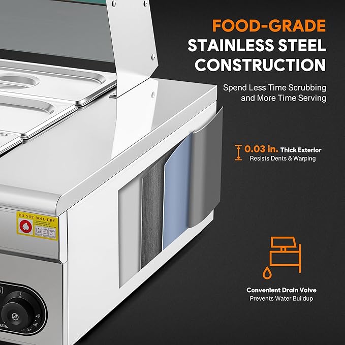 WILPREP 12-Pan Commercial Food Warmer with Sneeze Guard, Twelve 1/3 Pans, 1500W Countertop Electric Steam Table, 86-185°F Adjustable Temp Control, Stainless Steel Buffet Bain Marie