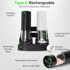 Electric Salt and Pepper Grinder Set – Automatic One-Handed Operation, Rechargeable ABS Mills, LED Light, 5-Level Adjustable Coarseness, Large 95ml Capacity and Charging Base