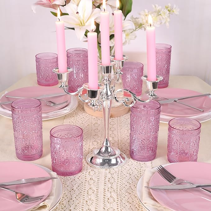 6 Pack Pink Vintage Glassware Set, 10oz Romantic Drinking Glasses, Colored Water Glasses, Pink Embossed Glass Cups for Juice, Cocktails, Beer, Iced Tea, Soda