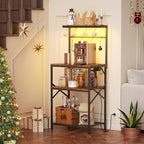 Kitchen Bakers Rack with Power Outlet & LED Lights, Small Coffee Bar Table with Adjustable Storage Shelf, 4 Tiers Microwave Stand with 8 Hooks, Coffee Station for Appliance Organizer, Rustic Brown