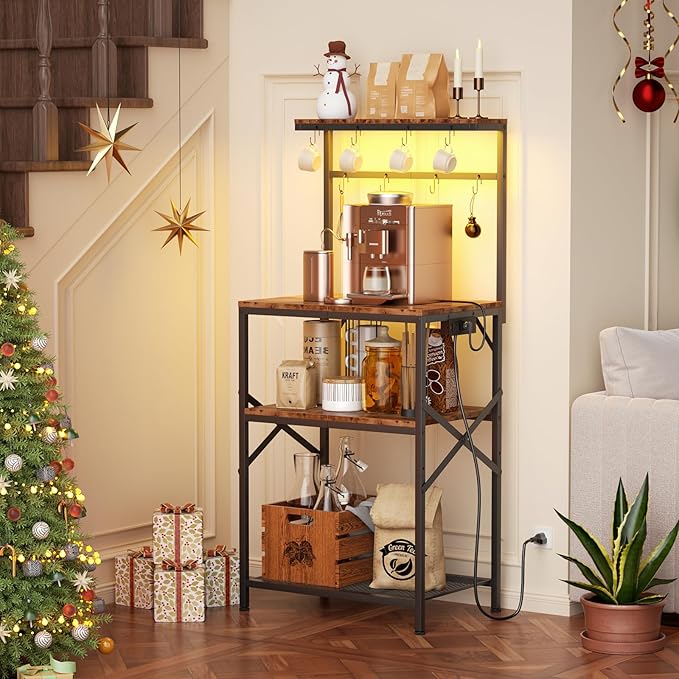 Kitchen Bakers Rack with Power Outlet & LED Lights, Small Coffee Bar Table with Adjustable Storage Shelf, 4 Tiers Microwave Stand with 8 Hooks, Coffee Station for Appliance Organizer, Rustic Brown