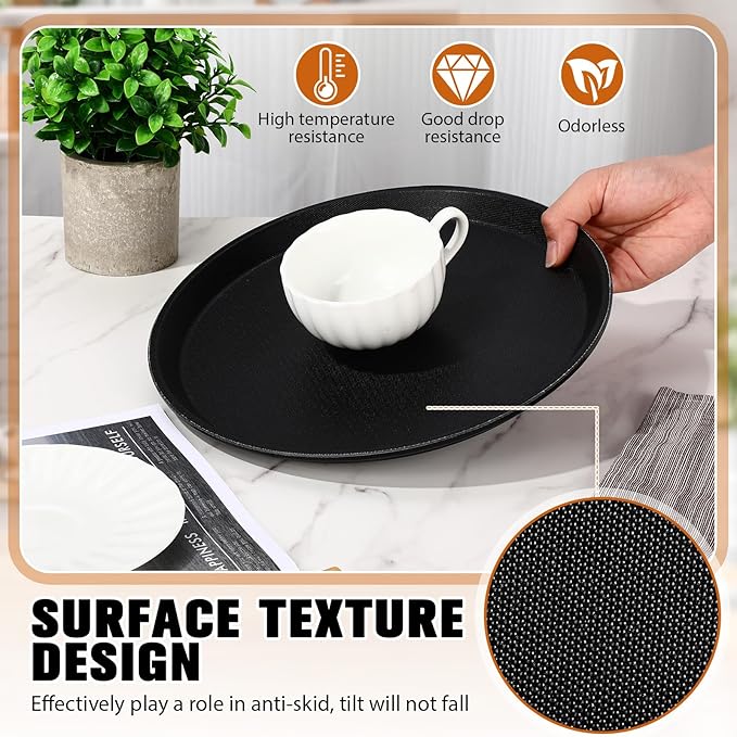 Zopeal 6 Pieces Black Round Restaurant Serving Tray, Plastic Non Slip Surface Food Meals Server Tray with Raised Edges for Home, Kitchen, Restaurant, Cafeteria, Bar (11")