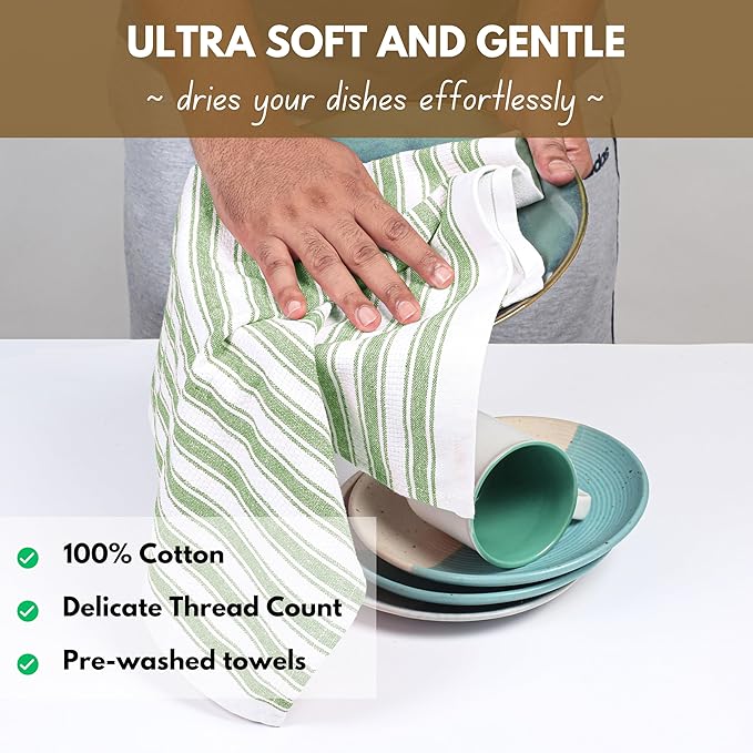 Native Fab Stripe Kitchen Towel - 4 Pack - Basket Weave 100% Cotton Dish Towels - 16x26 inches - Absorbent Towels for Cleaning, Quick Drying, Washable Dish Cloths with Hanging Loop - Mint Green