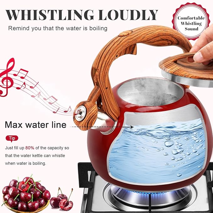 GGC Tea Kettle for Stove Top, 3.1QT/3L Whistling Tea Kettles for Boiling Water Coffee or Milk, Gradient Red Pot with Wood Parttern Handle, Stainless Steel Kettle Pot for Home and Kitchen