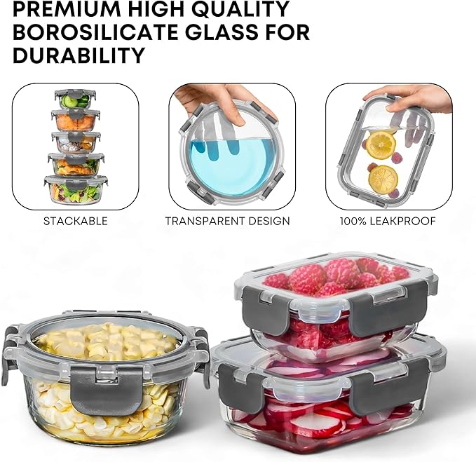 Razab 30 PC Glass Food Storage Containers with Lids - Reusable Glass Meal Prep Containers for Lunch & Leftovers - Airtight & Leakproof Snap Locking Lids - Oven, Freezer, Microwave & Dishwasher Safe