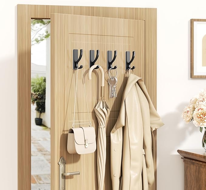 Adhesive Wall Hooks for Towels Coats - Stick On Hooks Hanging Heavy Duty (13lb), Metal Hook for Door, Bathroom, Dorm, Closet - Hanger for Purse, Bag, Robe,Backpack - No Damage to Wall - Black 4 Pack