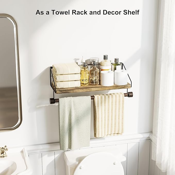 Alsonerbay Floating Shelves Wood Shelves for Wall, Rustic Wood Kitchen Shelf with Towel Bar and 8 Removable Hooks for Hanging Cooking Utensils or Mugs