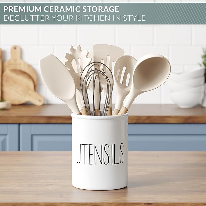 Barnyard Designs Ceramic Farmhouse Kitchen Utensil Holder for Countertop, Decorative Kitchen Utensil Crock for Counter, Spatula Holder, 7" (White)