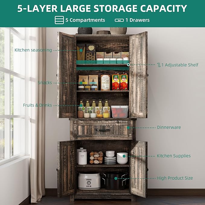 YITAHOME 72.6" H Farmhouse Kitchen Pantry Cabinet, Freestanding Tall Storage Cabinet with 4 Doors, Drawer and Adjustable Shelves, Tall Cupboard for Dining Room, Living Room, Dark Rustic Oak