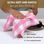 Native Fab Pink Checked Kitchen Towel 16"x26" - 12 Pack Buffalo Plaid Cotton Dish Towels - Absorbent Dishcloth Set, Soft Reusable Towels with Hanging Loop - Pink White