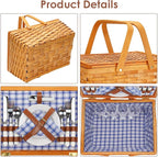 Picnic Basket Set for 4 Persons, Woven Woodchip Basket with Folding Handles & Lid, Blue and White Gingham Lining Basket Set with Utensils Cutlery - Perfect for Picnic, Camping, Valentine Day, Outdoor
